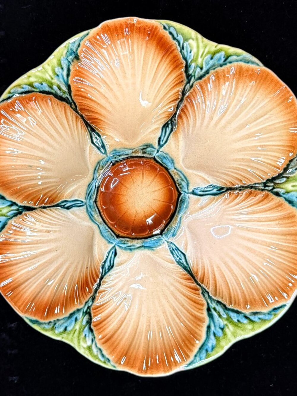 Antique Sarreguemines France Majolica Oyster Plate 6 Wells 9.25" A1048